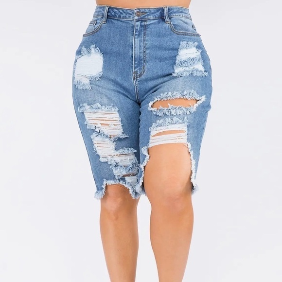 LIGHT blue Distressed Denim Bermuda Shorts - Picture 6 of 11